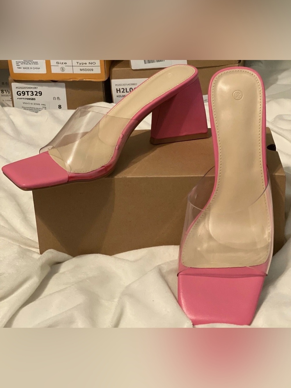 Women’s Pink Clear Strap Block Heel Mules Size 8.5 NIB